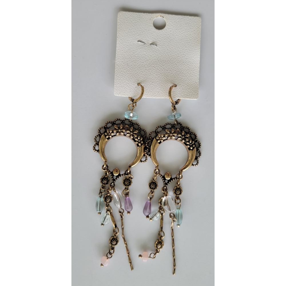 NWT FREE PEOPLE MONTY Dangle Earrings, Boho Accessories Purple Blue & Gold